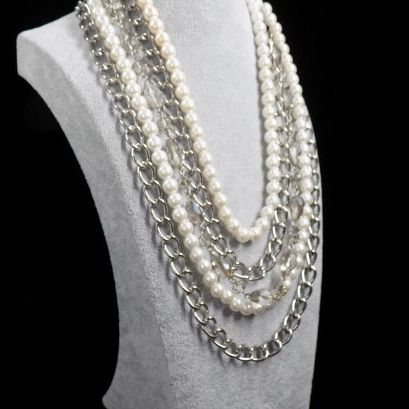 Vintage Premier Designs Faux Pearl Multi Layer Necklace Silver Tone Magnetic - Picture 5 of 10